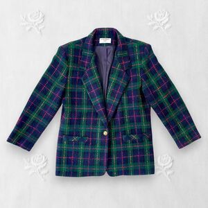Alfred Dunner Vintage Made in USA Navy Green Wool Plaid Gingham Blazer Coat M